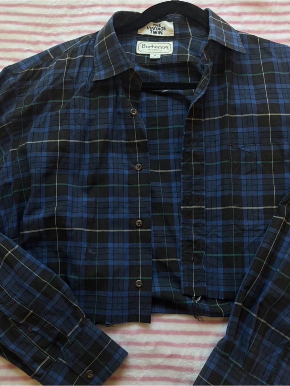 Burberry Navy and Black Cropped Plaid Button-Down Shirt